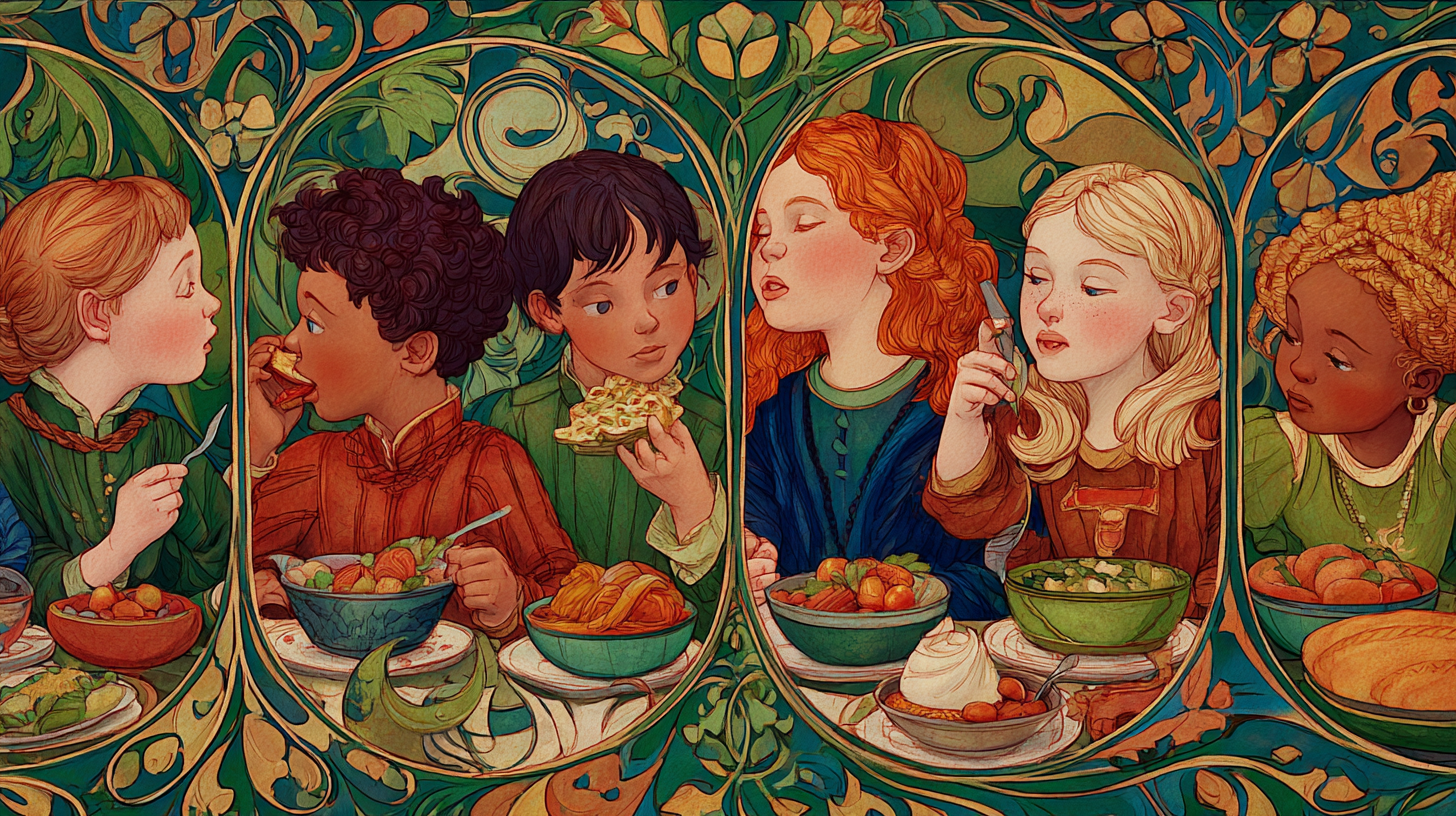 Diverse group of children happily sharing and trying different cultural foods together at a lunch table