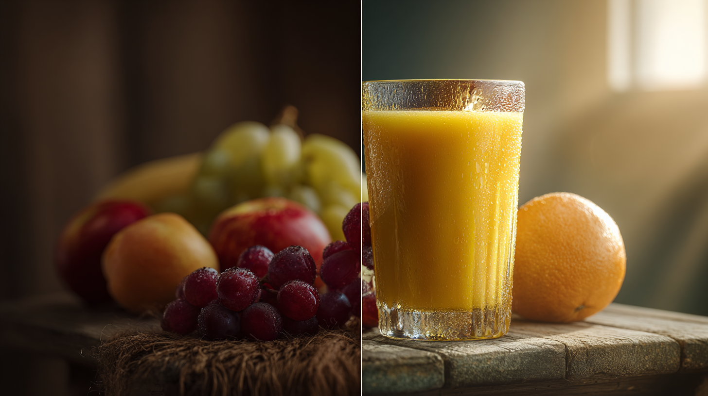 Side by side comparison of whole fruit versus juice showing fiber content and nutrient differences