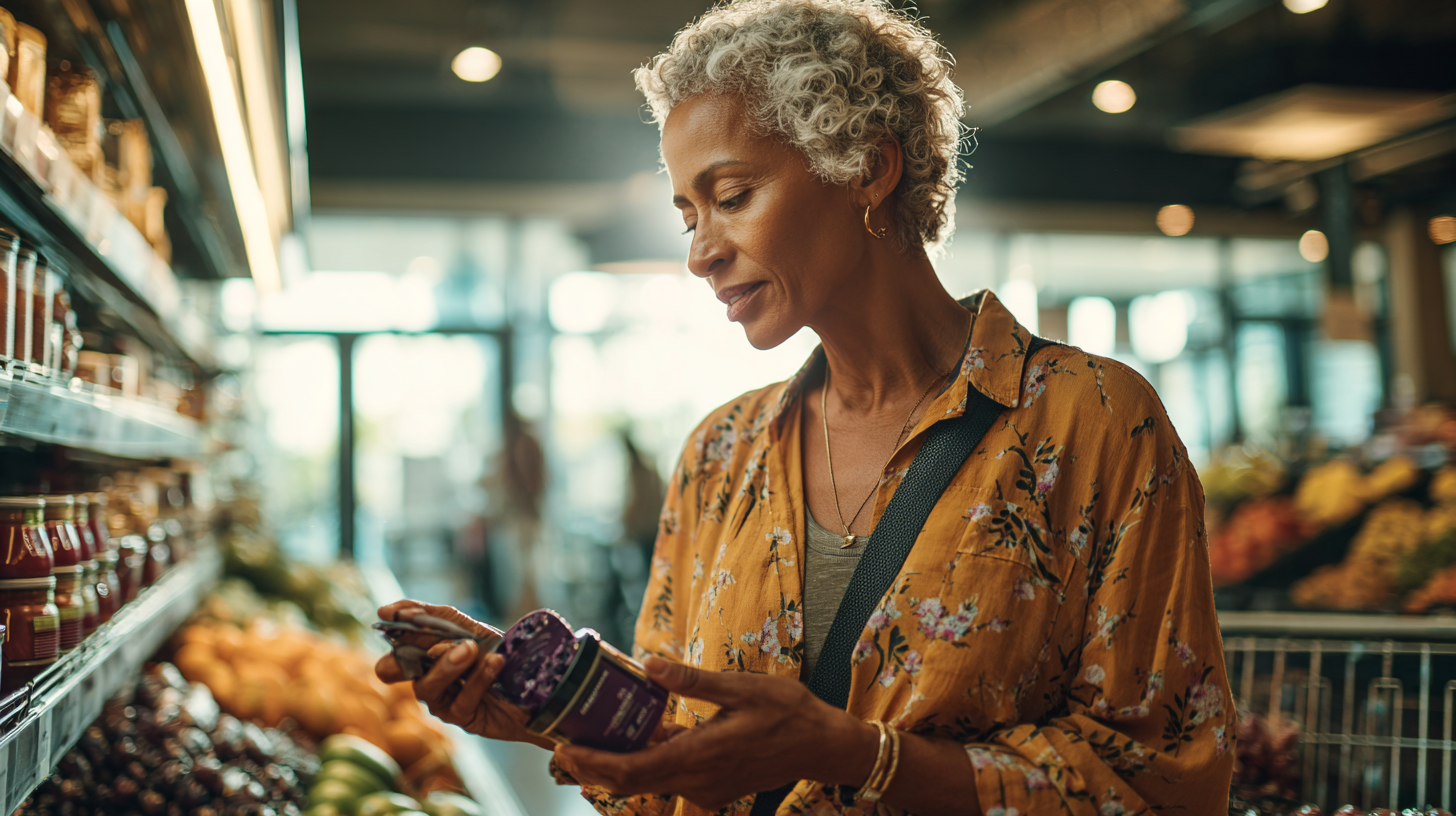 Parent examining food labels in grocery store comparing superfood marketing claims to affordable nutritious alternatives
