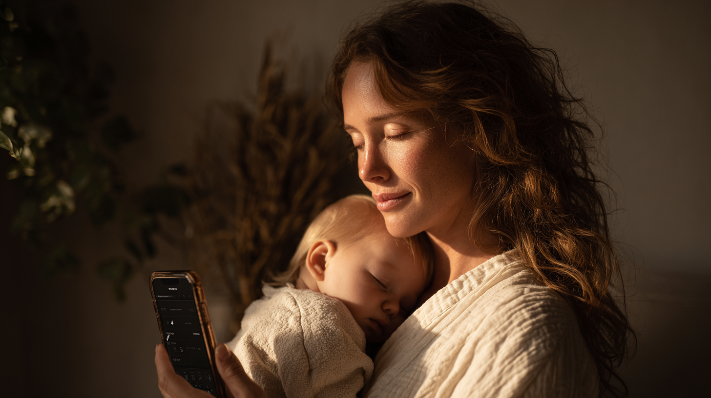 Modern parent using smartphone to track baby feeding while holding infant, representing technology-assisted feeding approaches