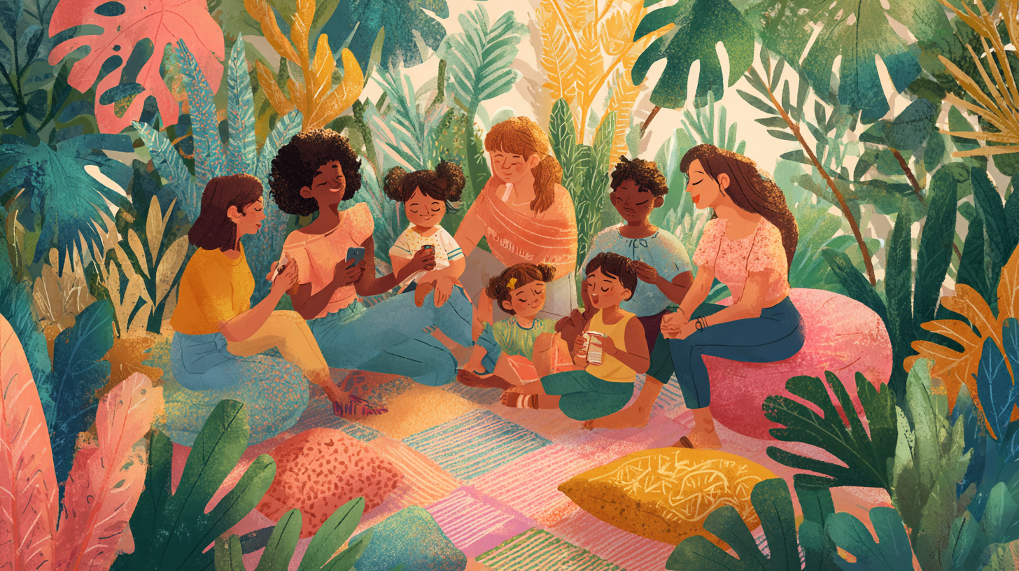 Diverse group of young parents in a supportive community setting discussing baby feeding approaches together