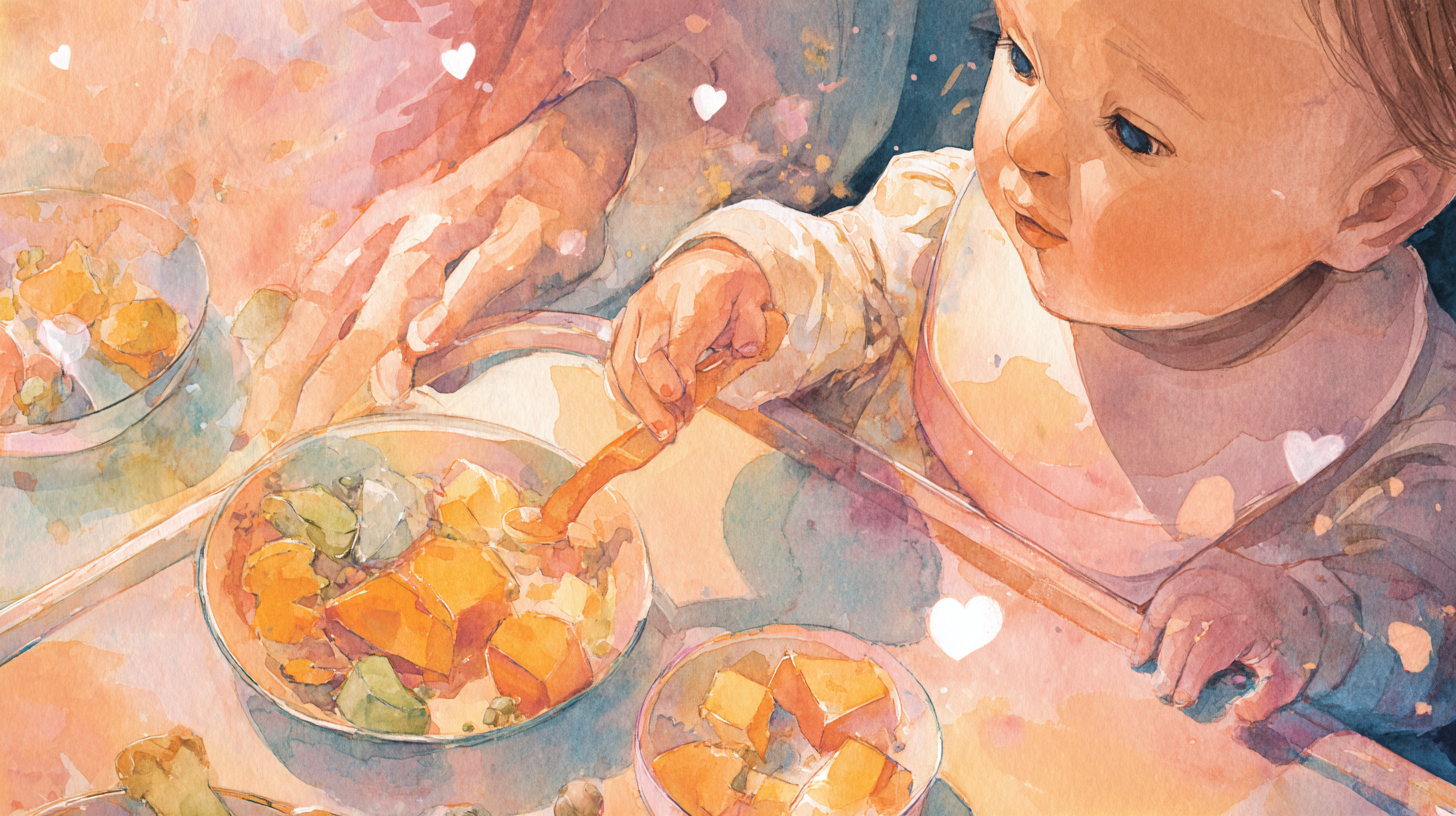 Close-up of parent and baby engaging in responsive feeding with healthy colorful foods showing modern feeding approach