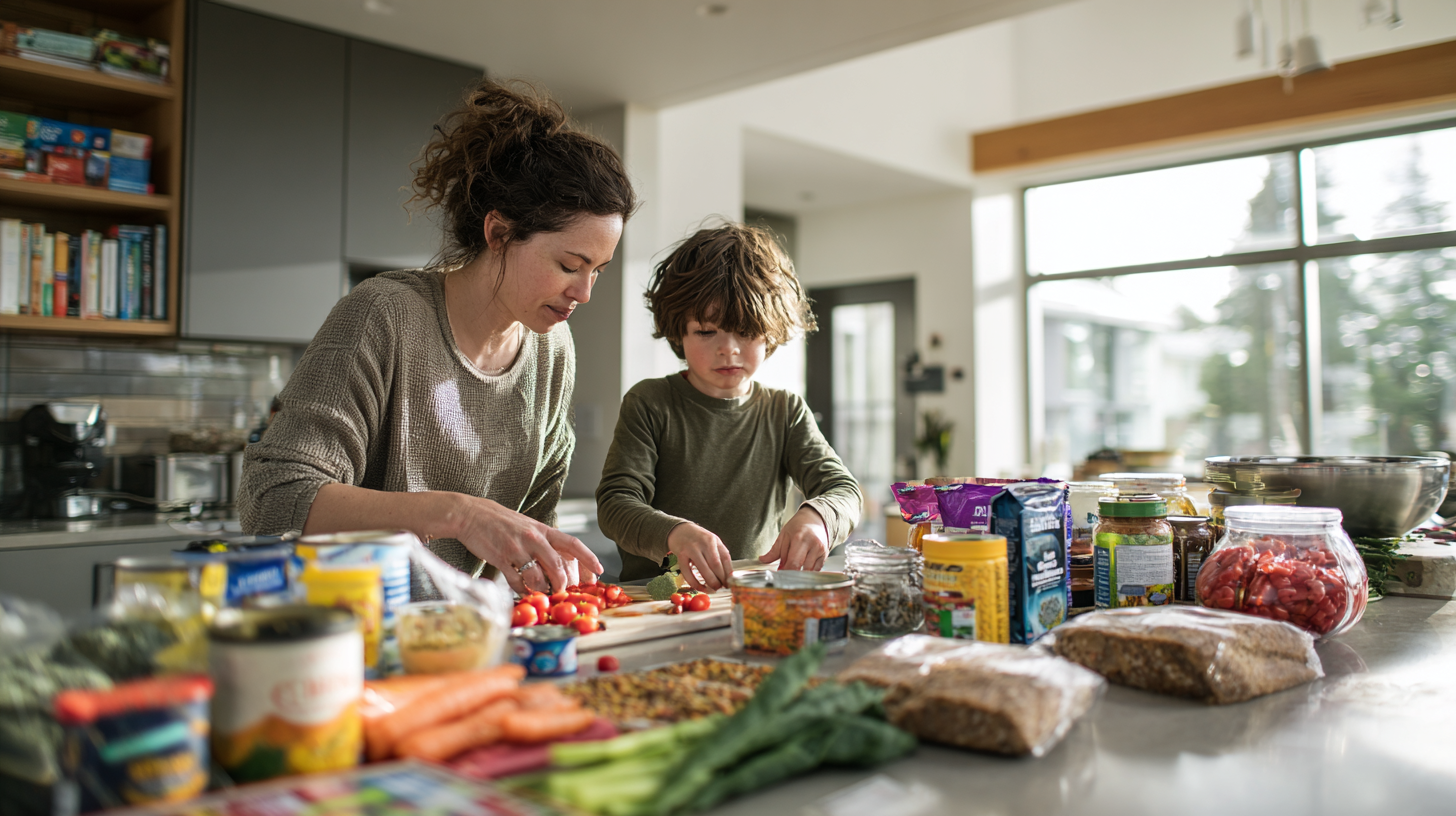 Parent and child preparing nutritious meals together with various food options