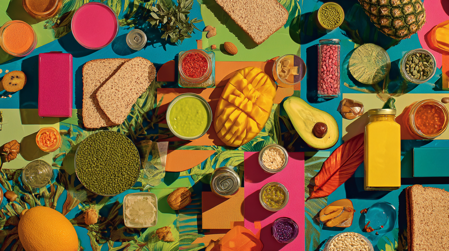 Variety of nutrient-dense processed foods including yogurt, whole grain bread, and canned beans