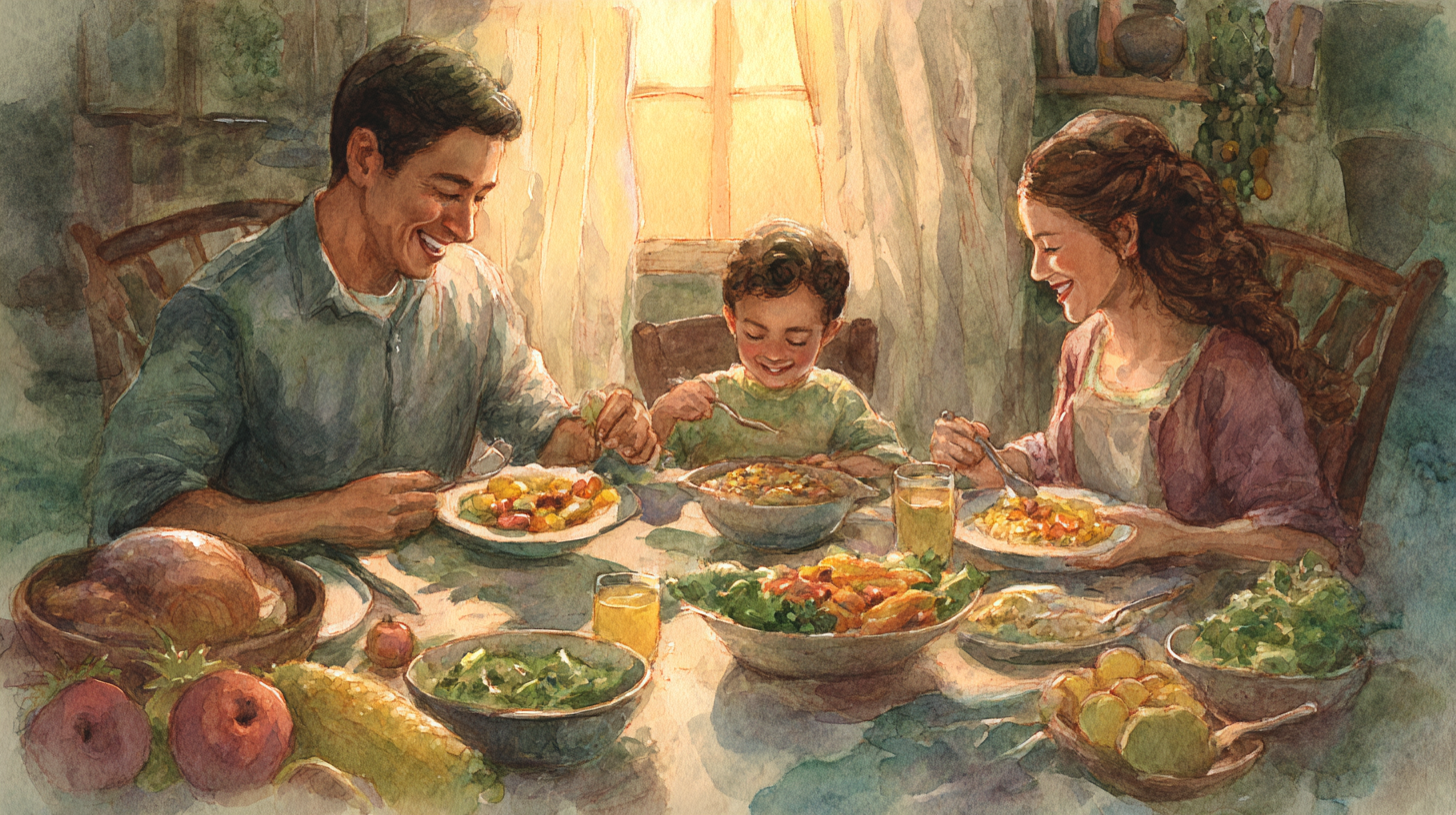 Balanced meal with mix of fresh and minimally processed foods on a family dinner table