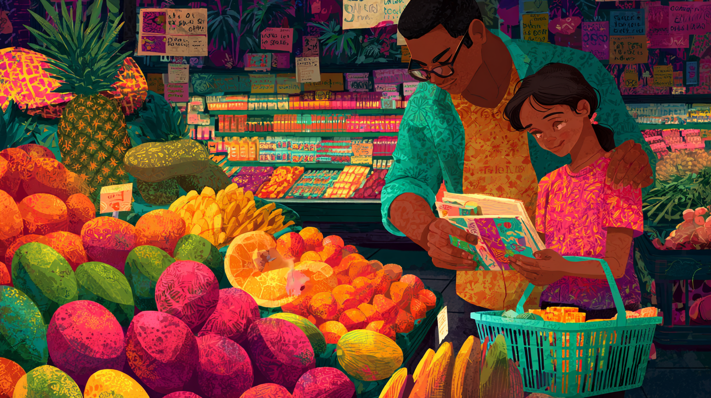 Parent and child reading food labels together in grocery store, teaching nutrition literacy and healthy food choices