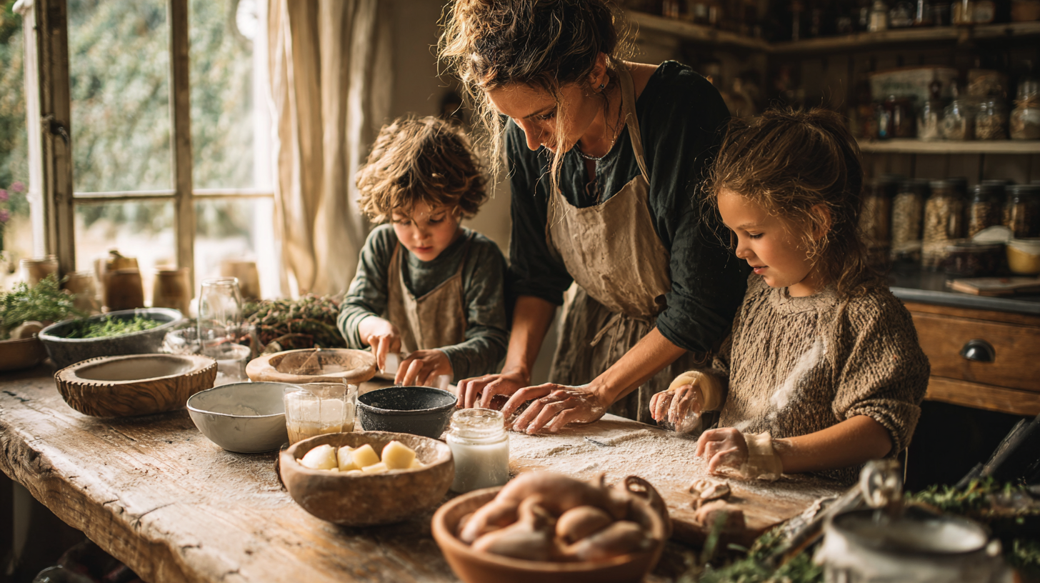 Family kitchen scene teaching children about ingredients, sugar content, and sodium awareness through hands-on cooking and label reading