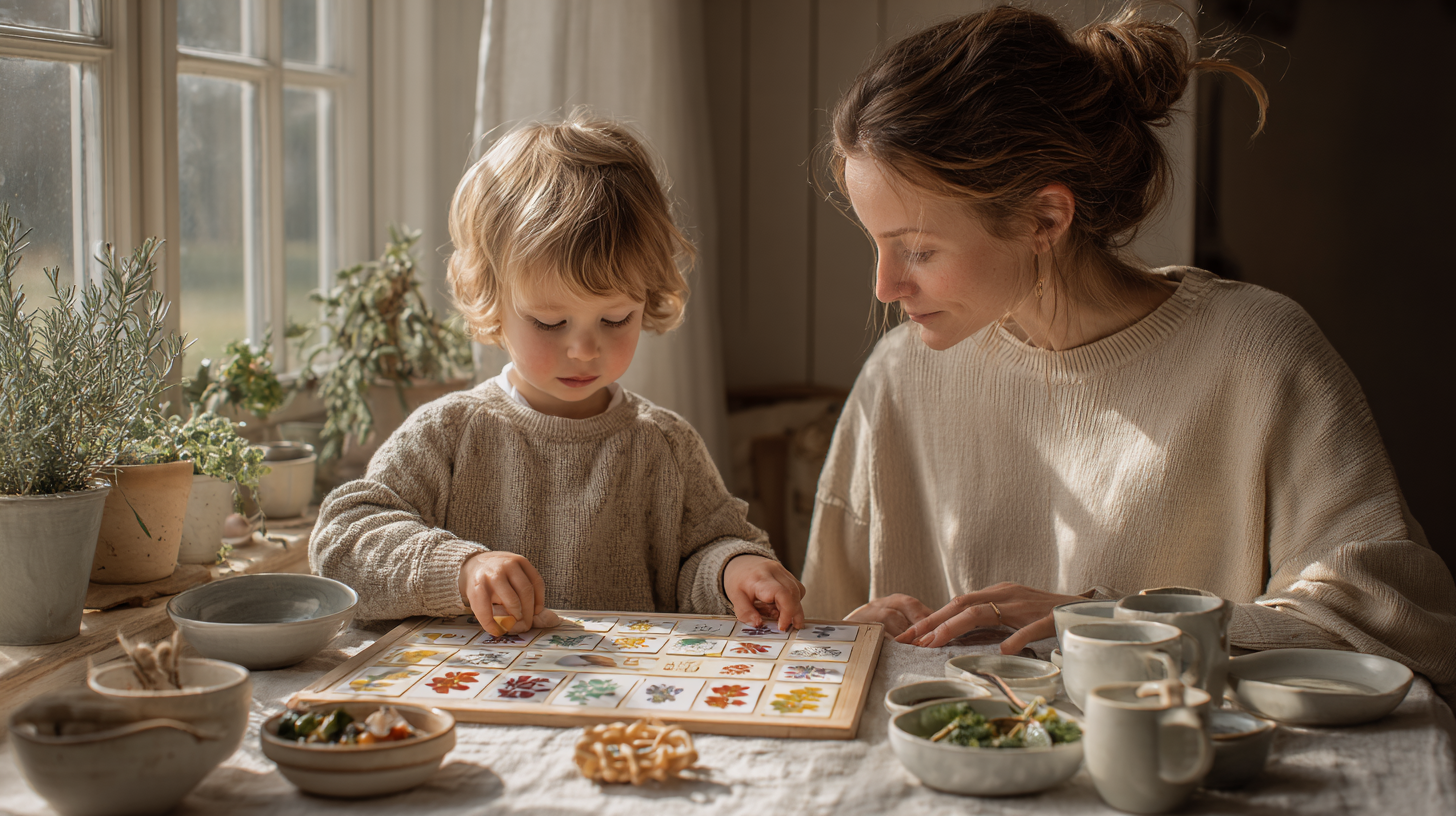 Parent and child planning meals together with colorful food options and weekly calendar