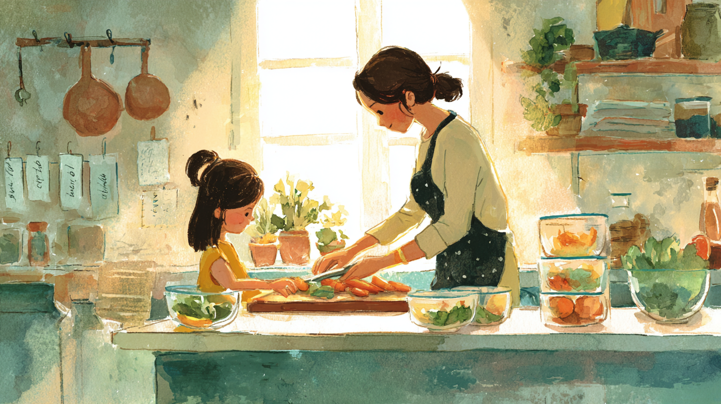 Child and parent cooking together in bright kitchen with fresh vegetables and organized meal prep containers