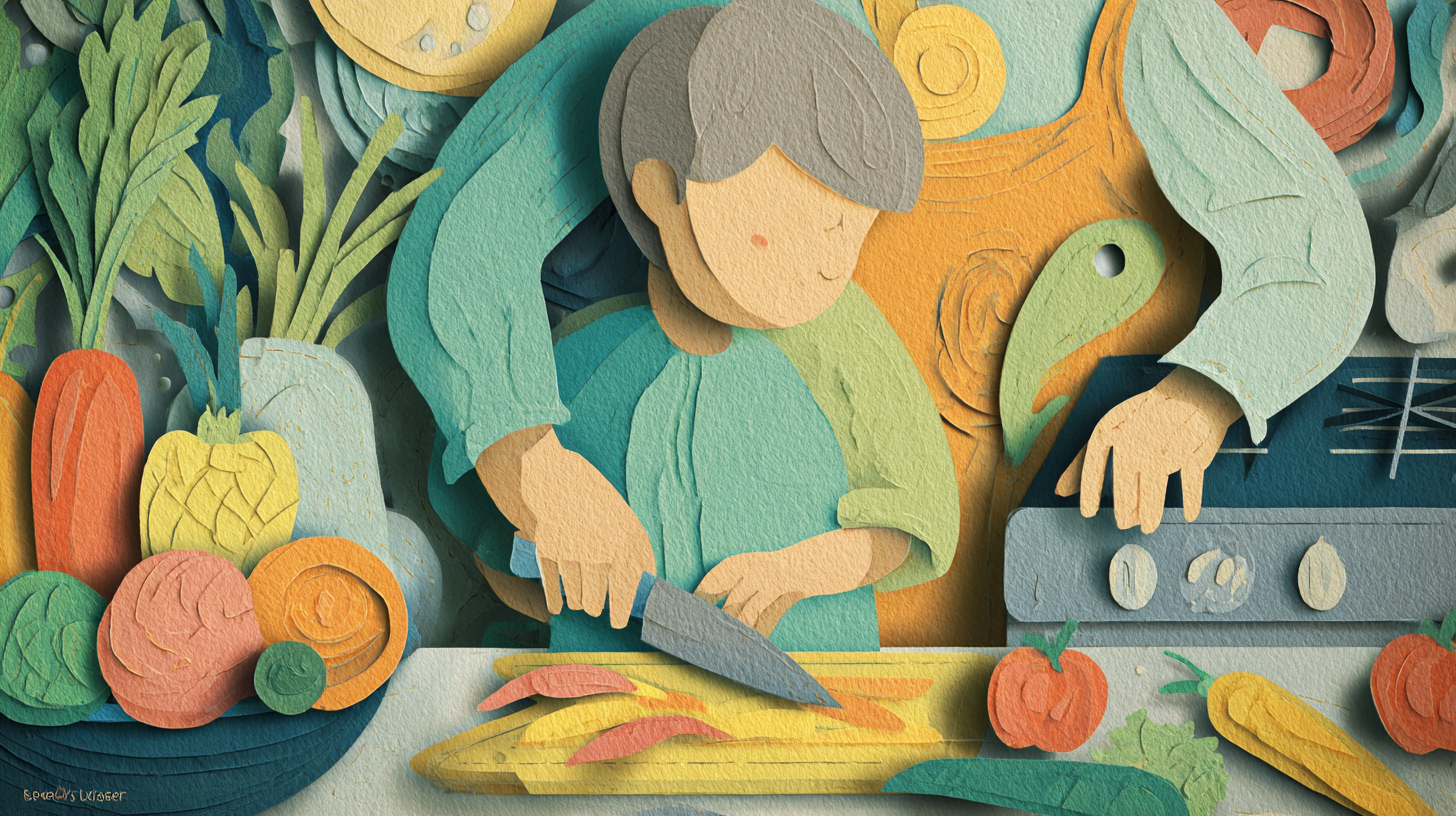 Older child confidently chopping vegetables under adult supervision
