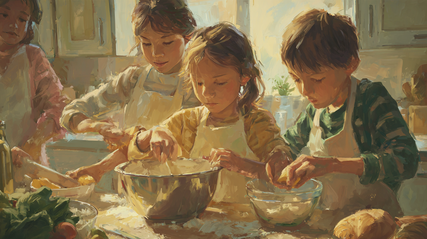 Family cooking together in kitchen with children actively participating in meal preparation