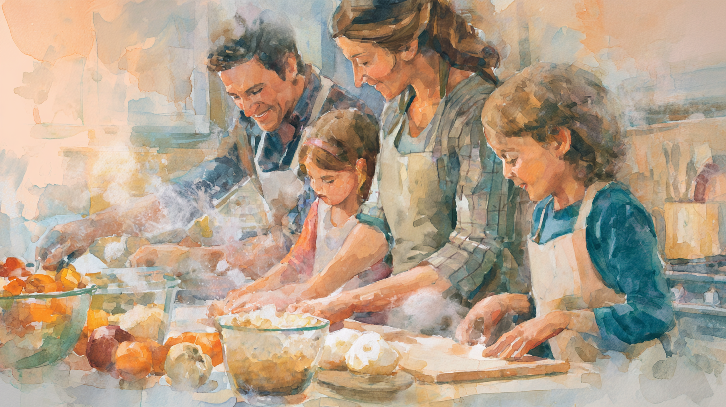 Parents and children working together on simple family-friendly recipes with smiles and engagement