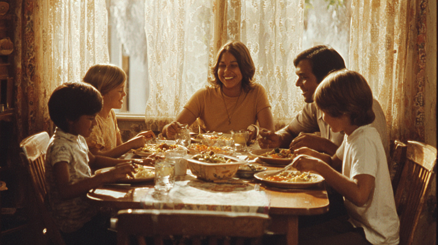 Happy family enjoying their homemade meal together around the dinner table with smiles and connection