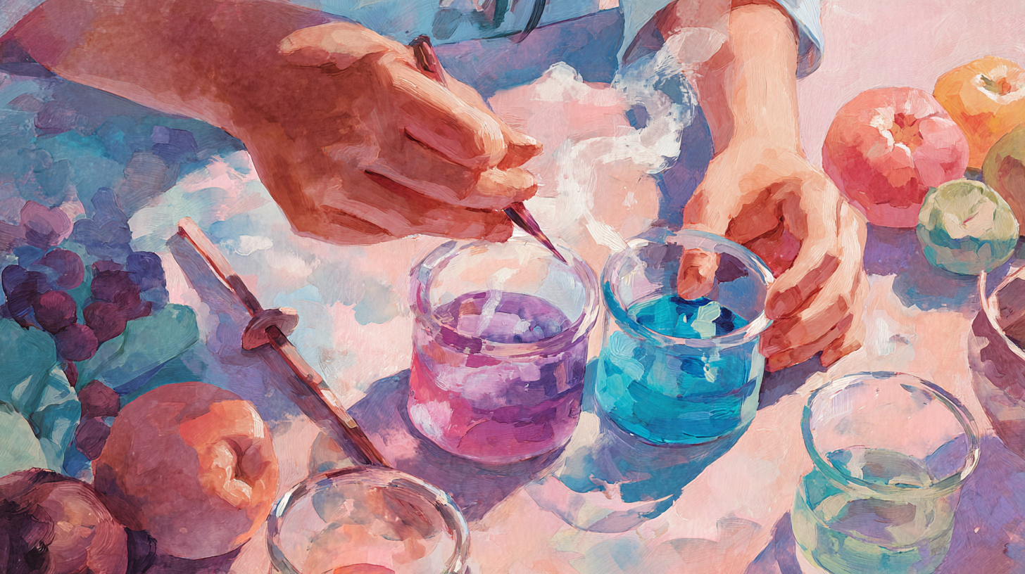 Close-up of child's hands conducting a simple food science experiment with colorful liquids in clear containers, showing wonder and engagement in kitchen learning