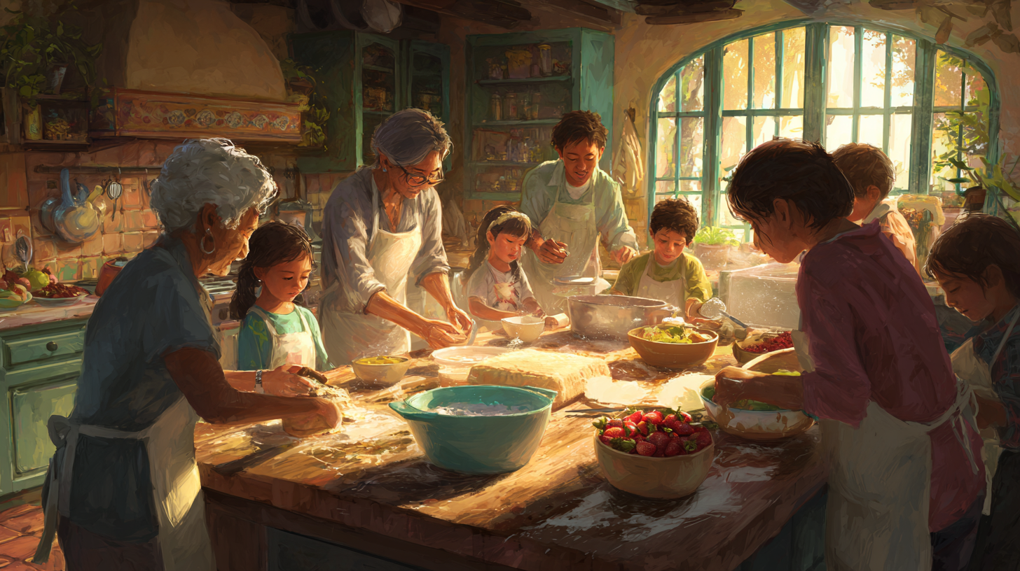 Family gathered around kitchen island with various age-appropriate food science experiments in progress, showing multiple generations engaged in joyful learning through cooking