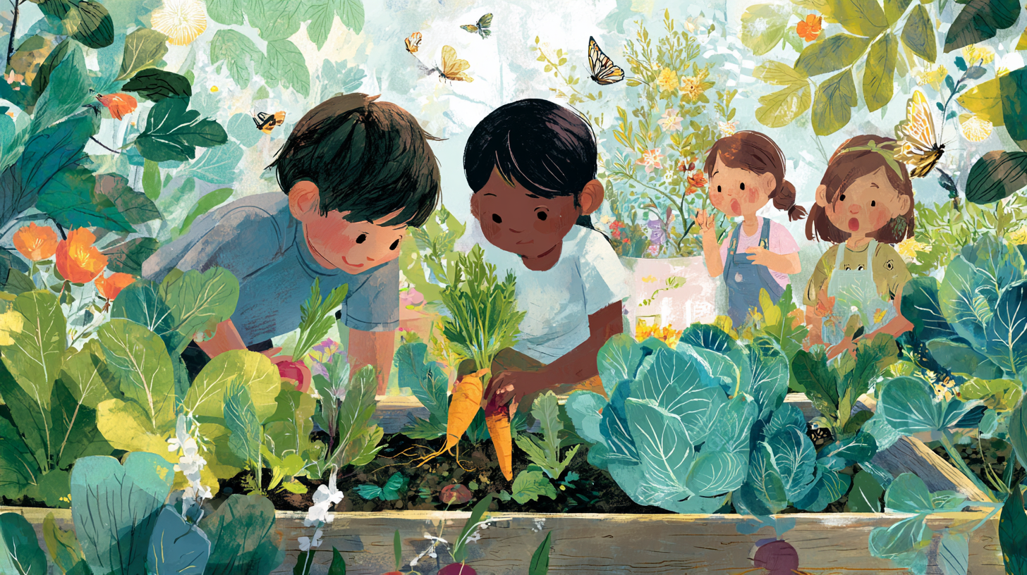 Children discovering vegetables in a colorful garden with raised beds and happy families gardening together