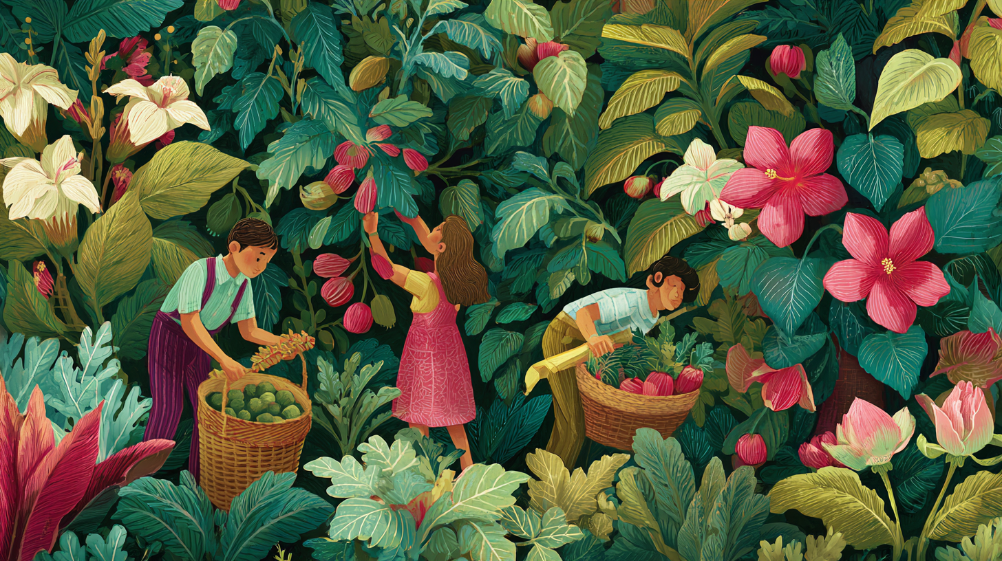 Kids harvesting fresh vegetables from garden with tools sized for small hands showing connection to food