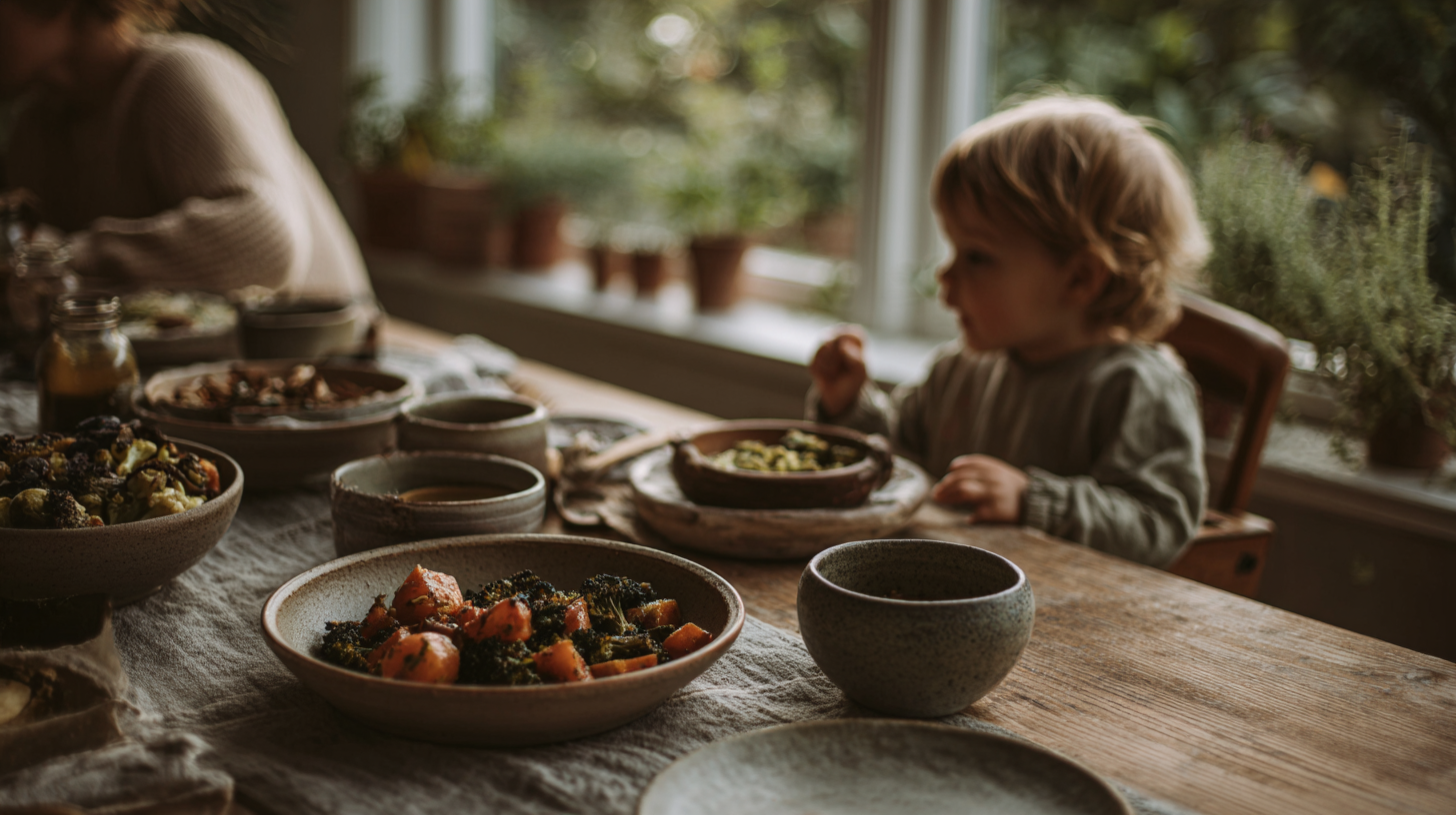 Family enjoying meal together with fresh garden vegetables showing harvest to table connection sustainability