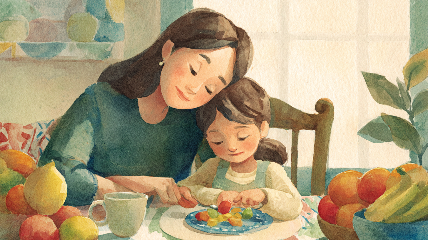Parent and child sharing a positive mealtime moment, demonstrating healthy family feeding practices and emotional connection during meals