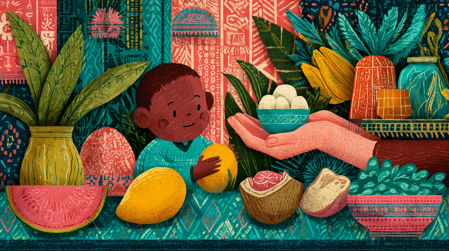 Young child learning about nutrition and healthy food choices in a positive, pressure-free environment with colorful fruits and vegetables