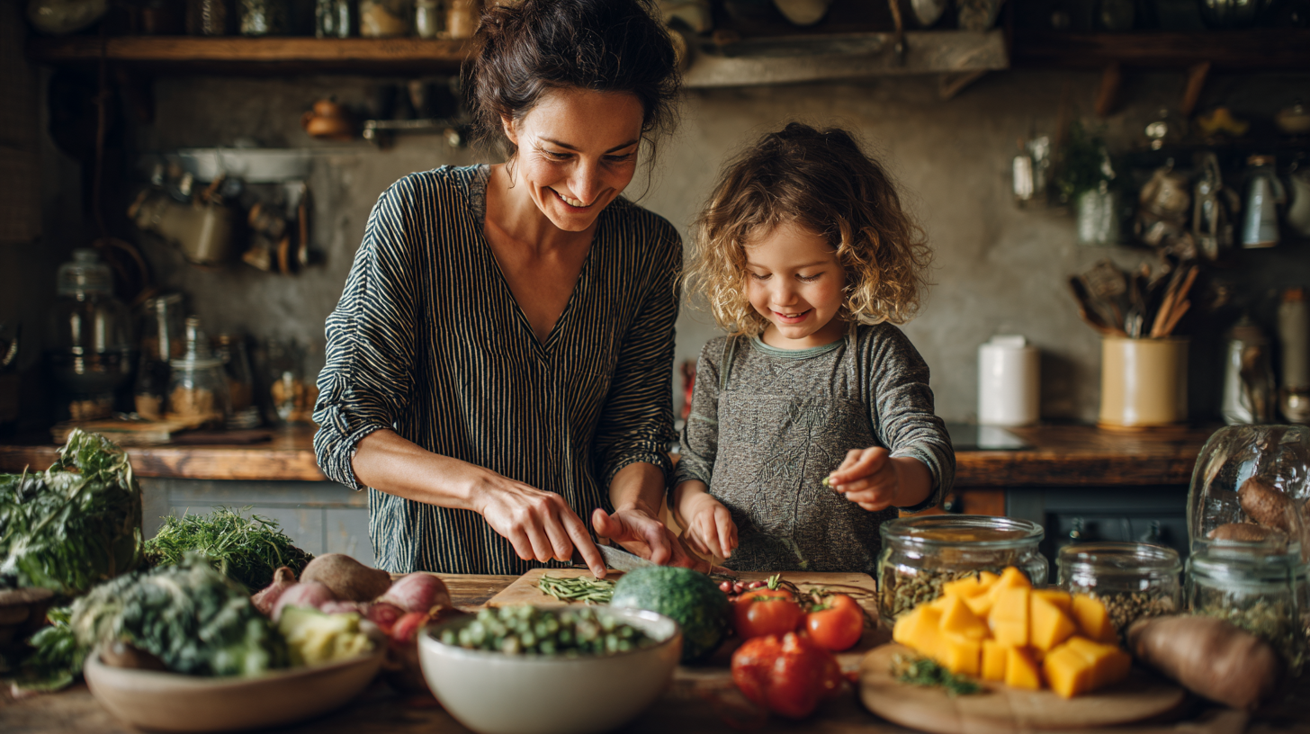 Parent and child cooking together in kitchen with colorful fresh vegetables, showing positive body-positive feeding practices without diet culture pressure