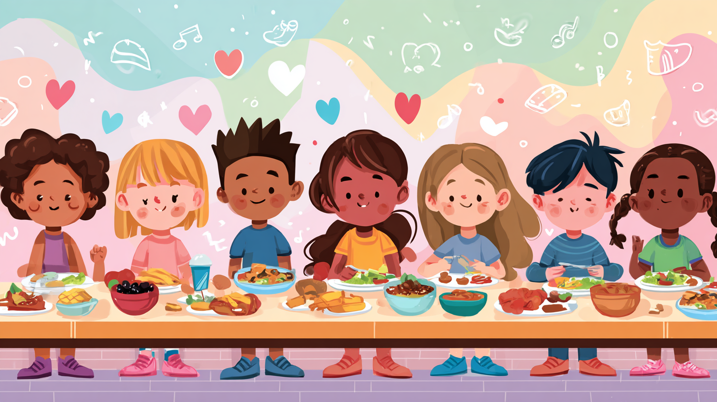 Diverse group of children happily eating various foods together, demonstrating Health at Every Size principles and body positivity
