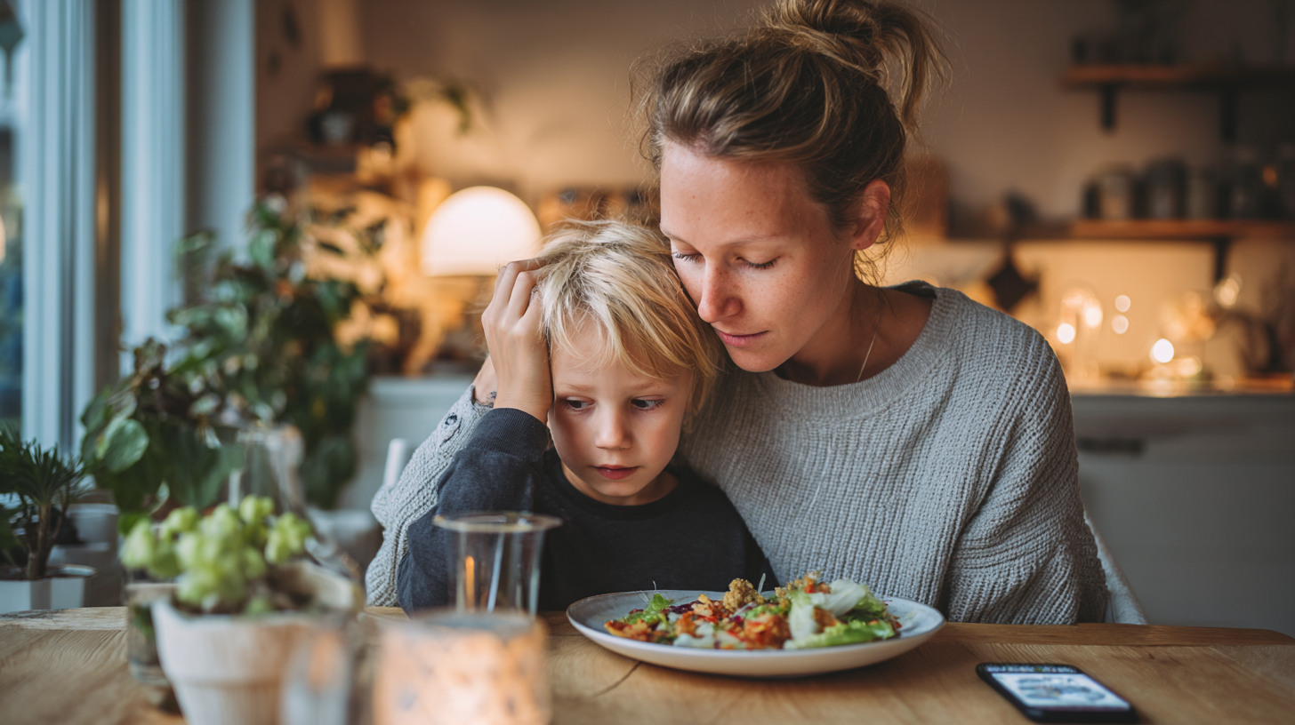 Parent comforting a child overwhelmed by conflicting food and body messages