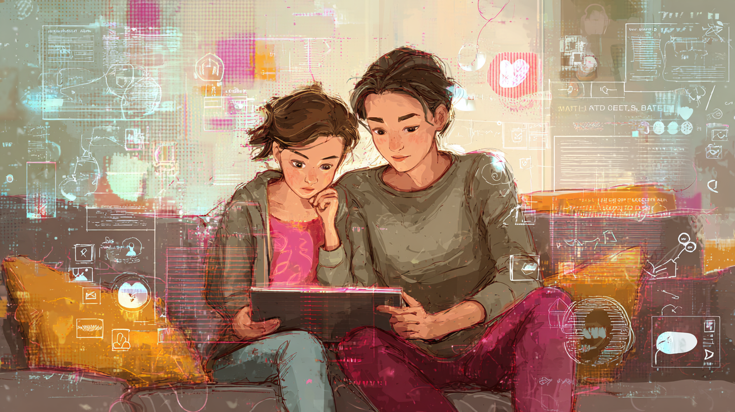 Parent and child looking at a phone while discussing social media content