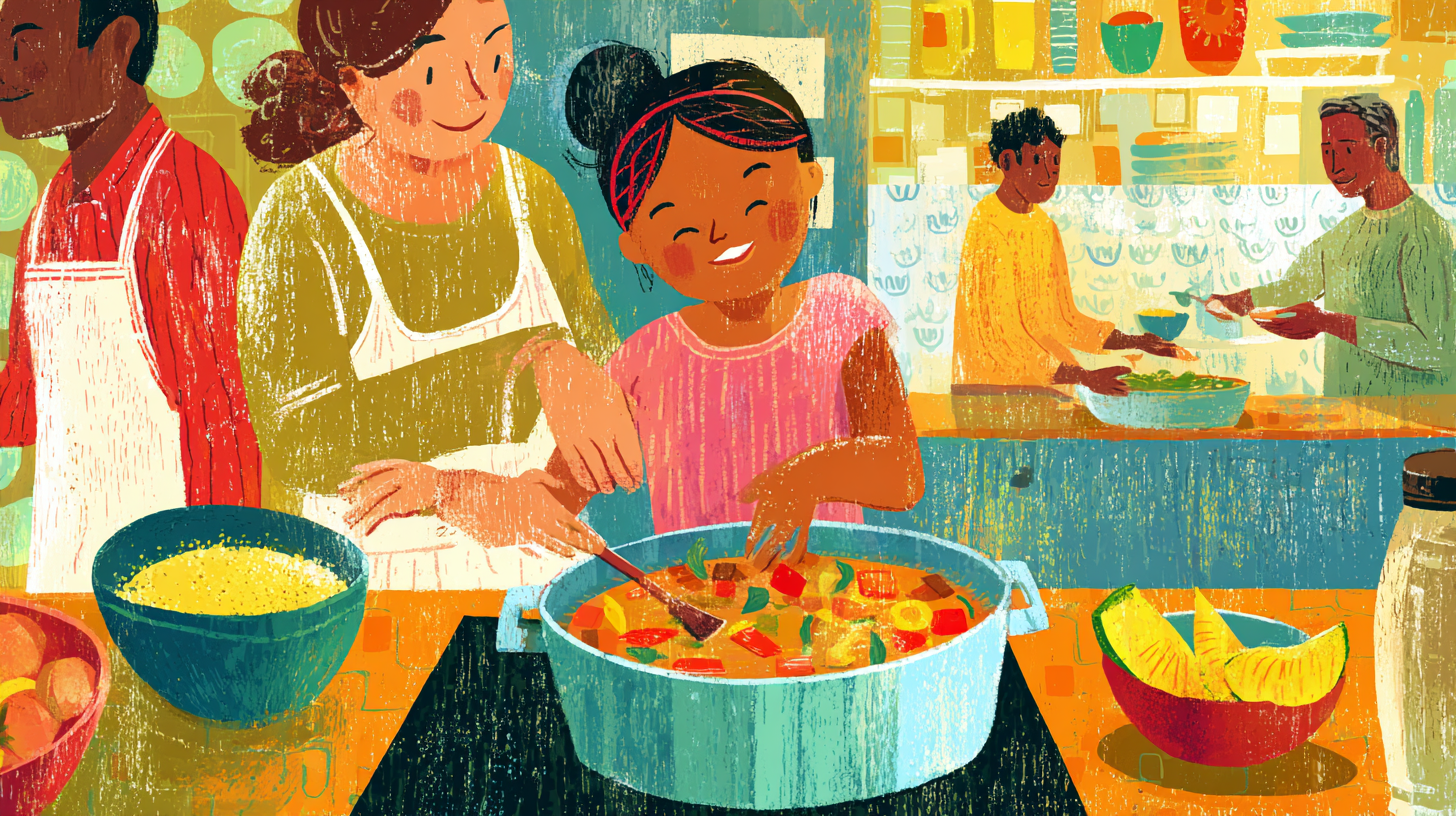 Child helping prepare a colorful family meal in the kitchen
