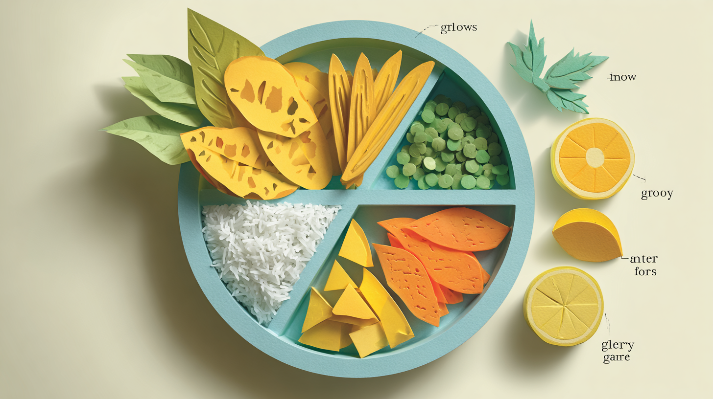Colorful kid-friendly Caribbean meal with rice, veggies, and fruit on a plate.