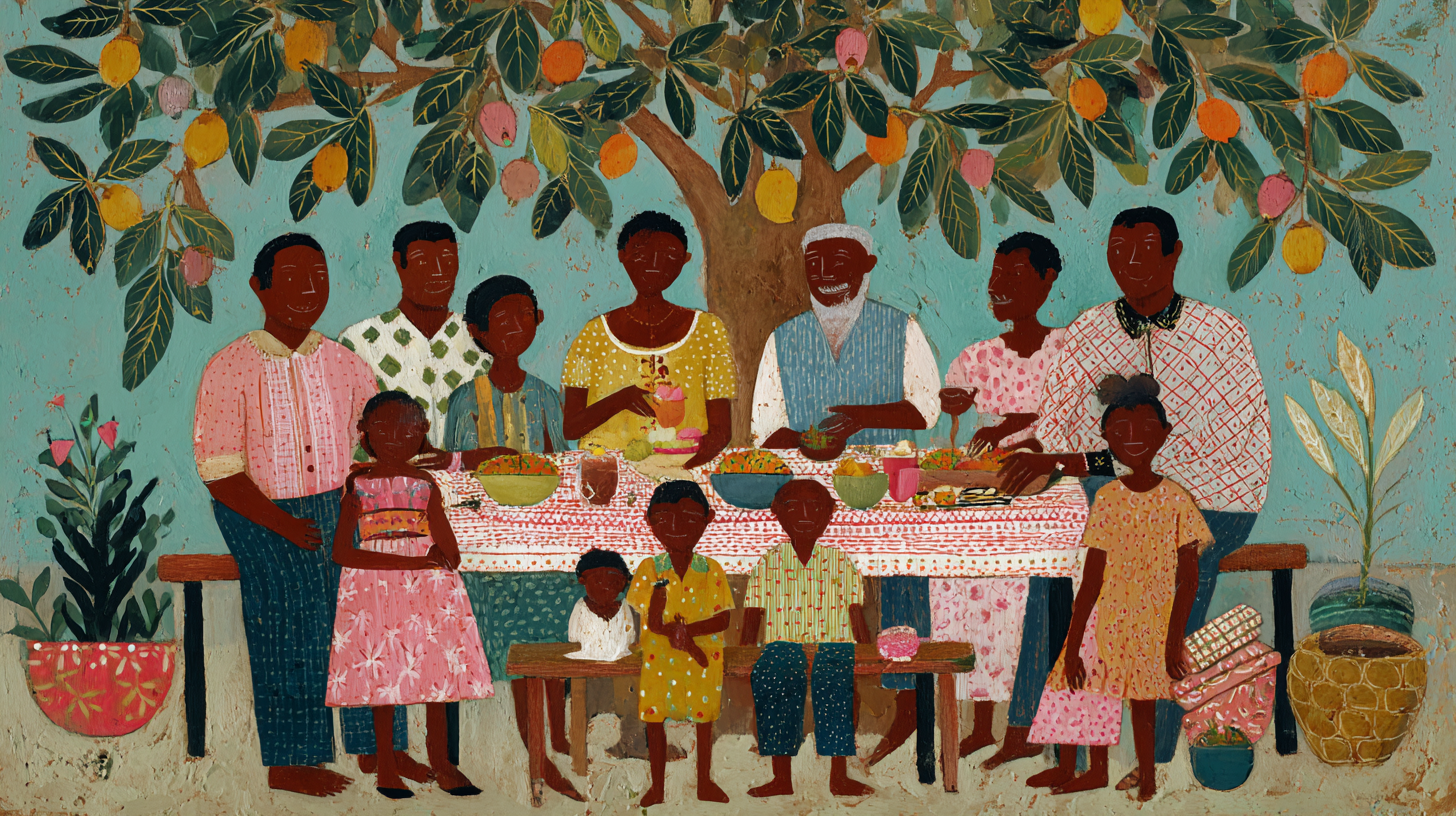 Family sharing Caribbean-inspired baby and toddler meals at the table.