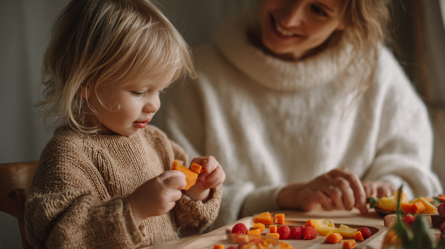 Parent and child exploring food together through sensory play and mindful eating practices