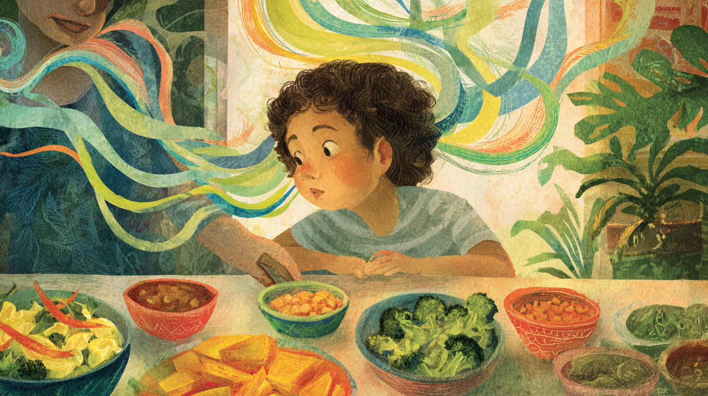Child engaging in sensory food exploration and mindful eating activities without pressure