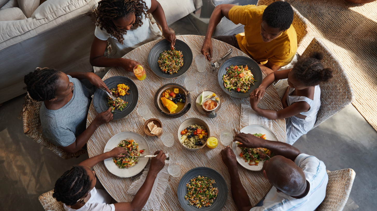 Family practicing mindful eating together in a calm, pressure-free environment