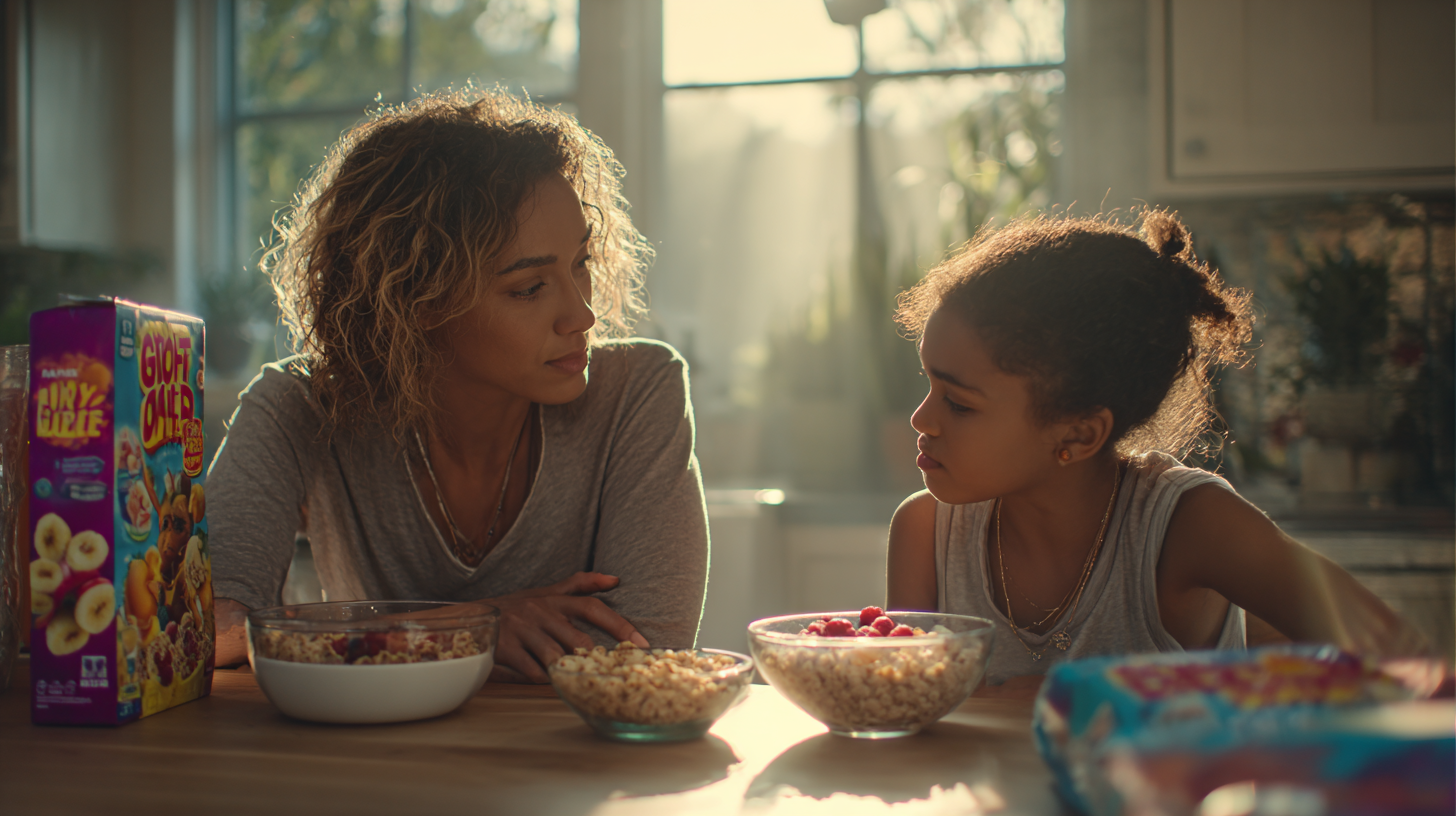 Parent and child discussing food choices and marketing strategies together in kitchen