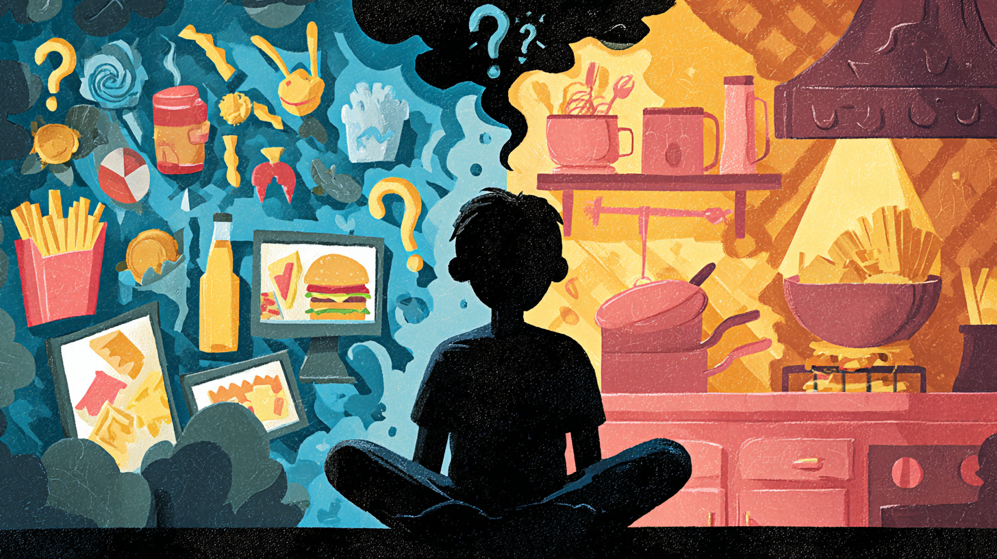 Child watching digital device with colorful food advertisements and marketing content