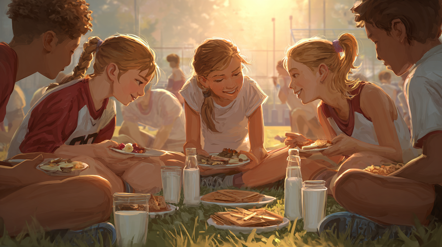 Young athletes eating healthy balanced meals together after training