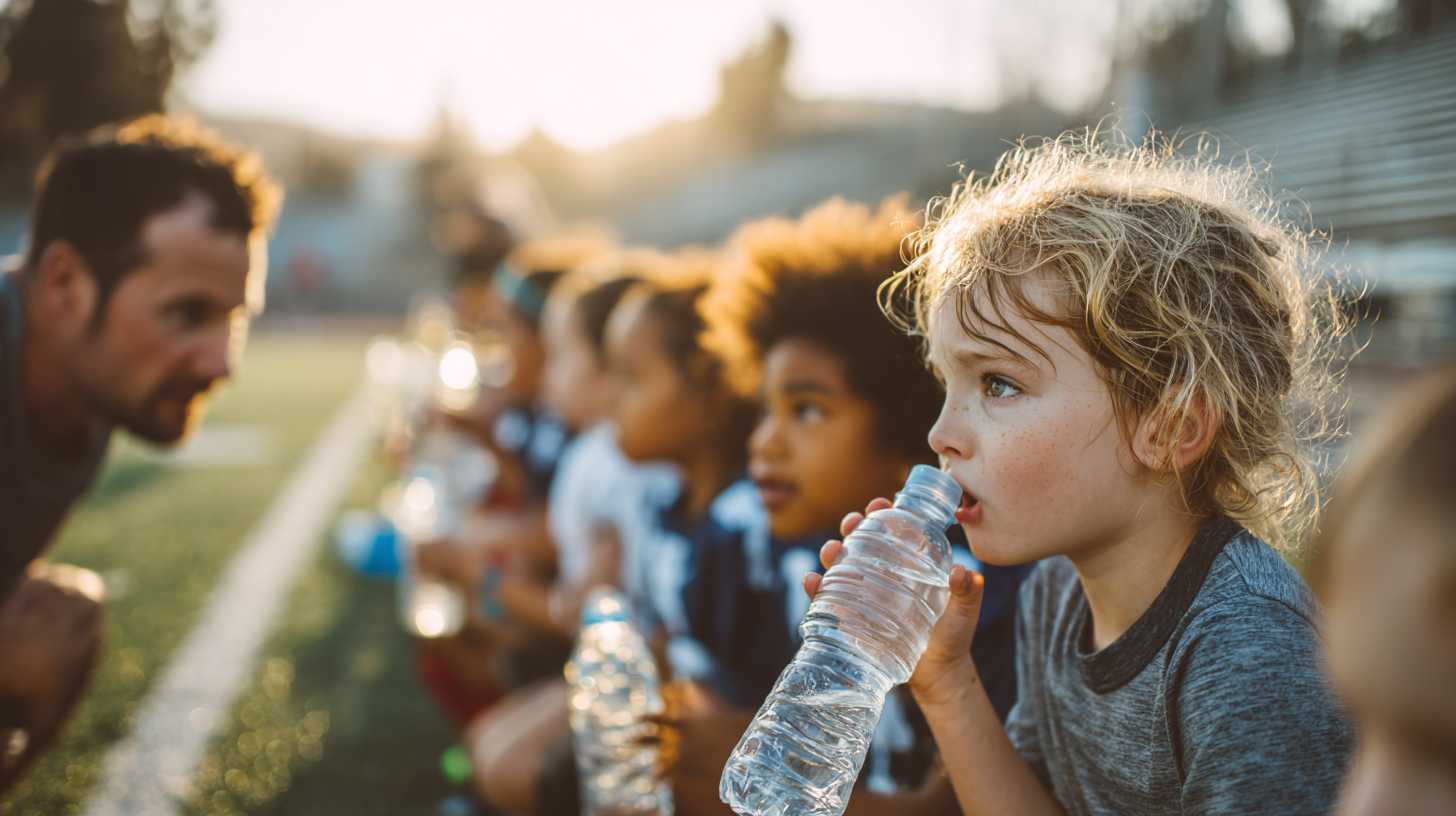 Active children playing sports and hydrating during practice