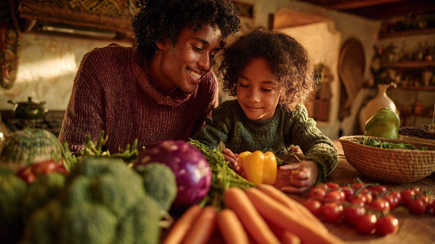 Parent and child exploring colorful vegetables together in kitchen