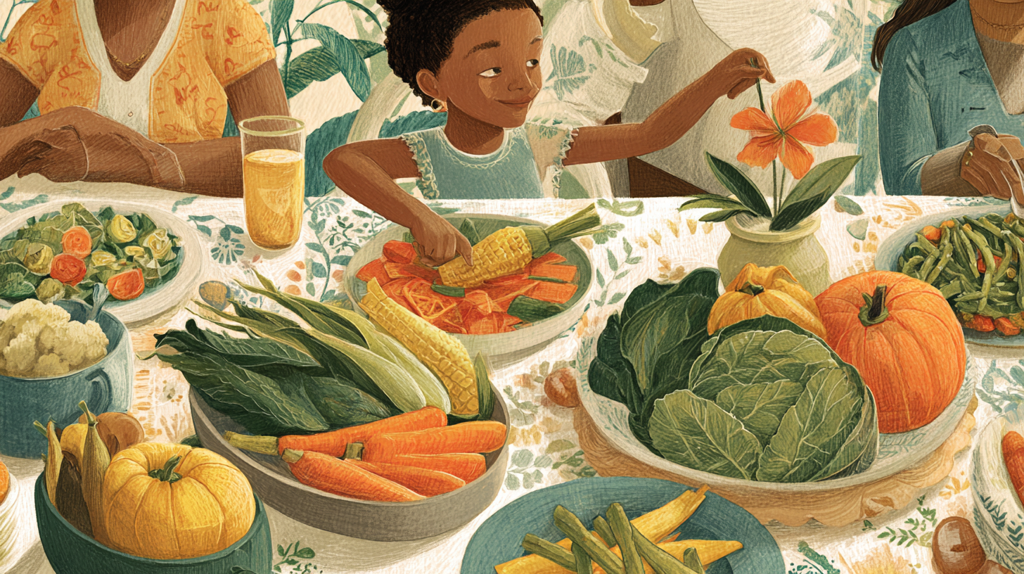 Variety of colorful prepared vegetables on family dining table