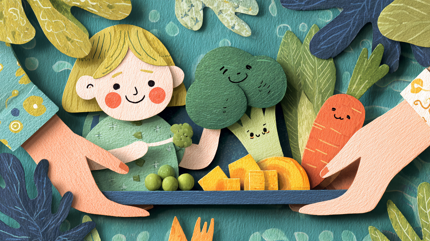 Happy child successfully eating vegetables at family meal