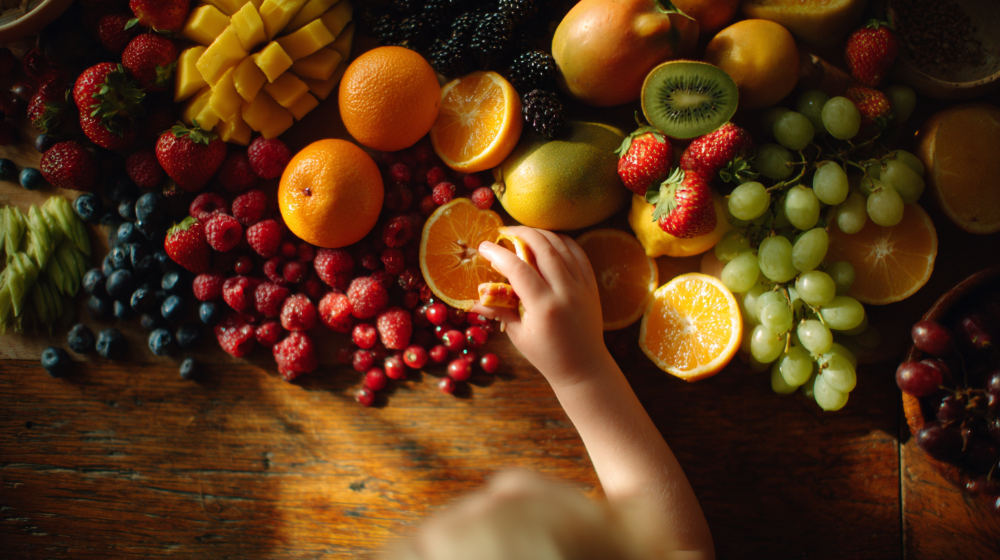 Colorful array of fresh whole fruits including oranges, berries, and tropical fruits representing natural nutrition for children