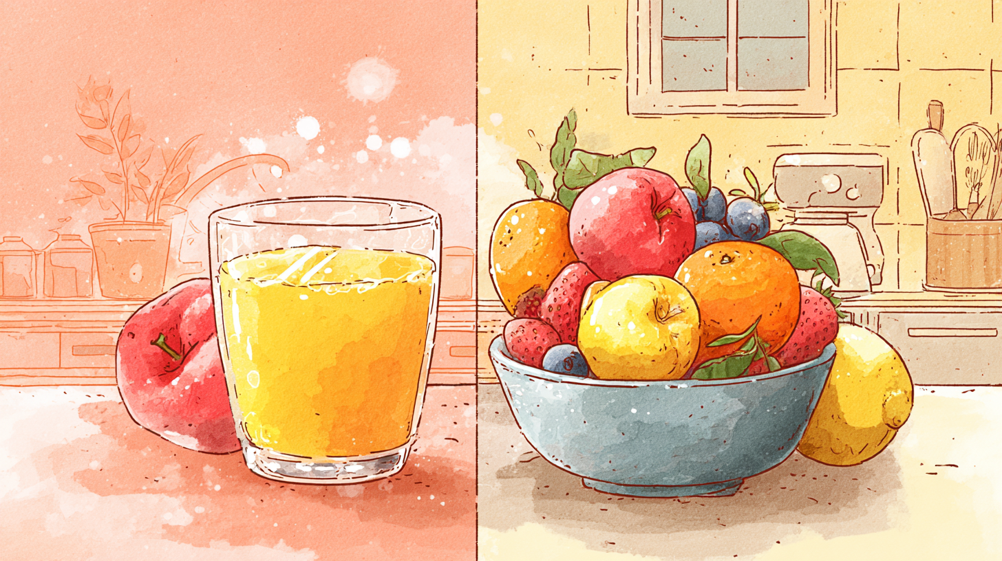 Comparison of whole fruits and fruit juice showing nutritional differences and healthy portion sizes for children