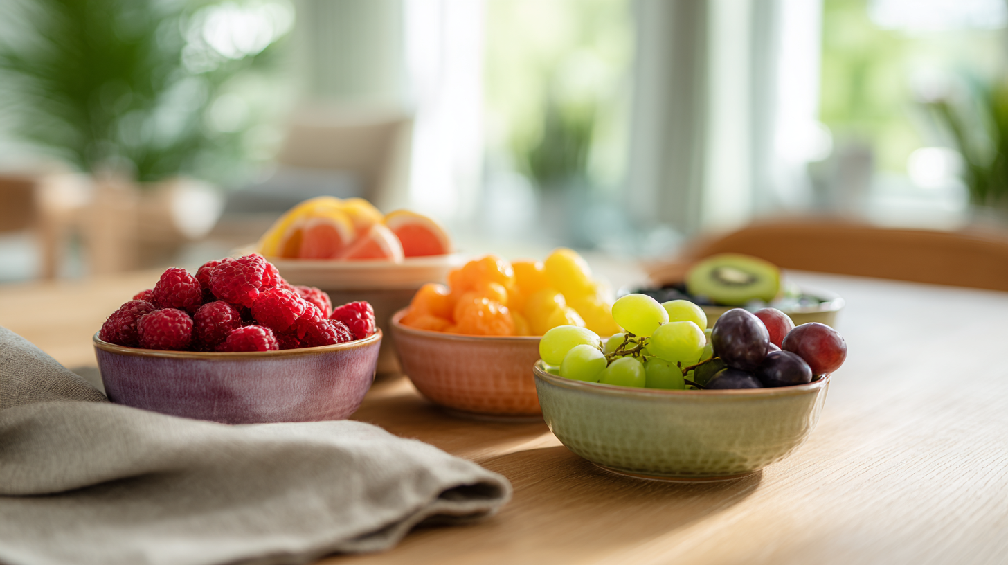 Rainbow variety of seasonal fruits arranged by color showing nutritional diversity for children's healthy eating habits