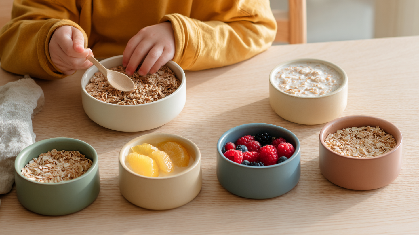 Colorful whole grain foods including brown rice, whole wheat bread, and oats arranged for children