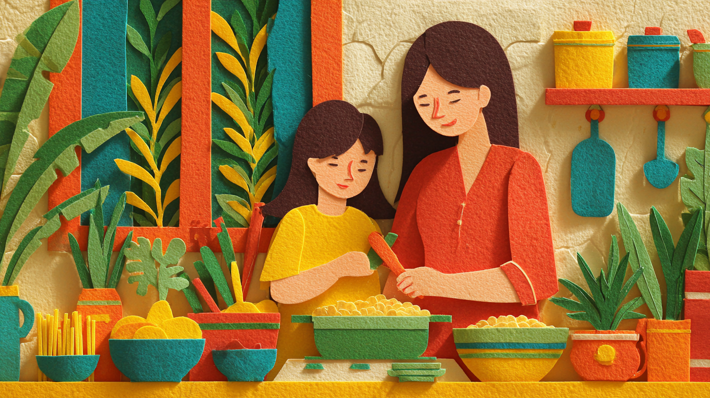 Parent and child happily preparing whole grain meal together in kitchen
