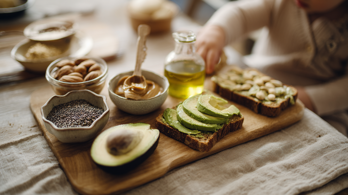 Healthy fats for children including avocados and nuts arranged on a wooden board