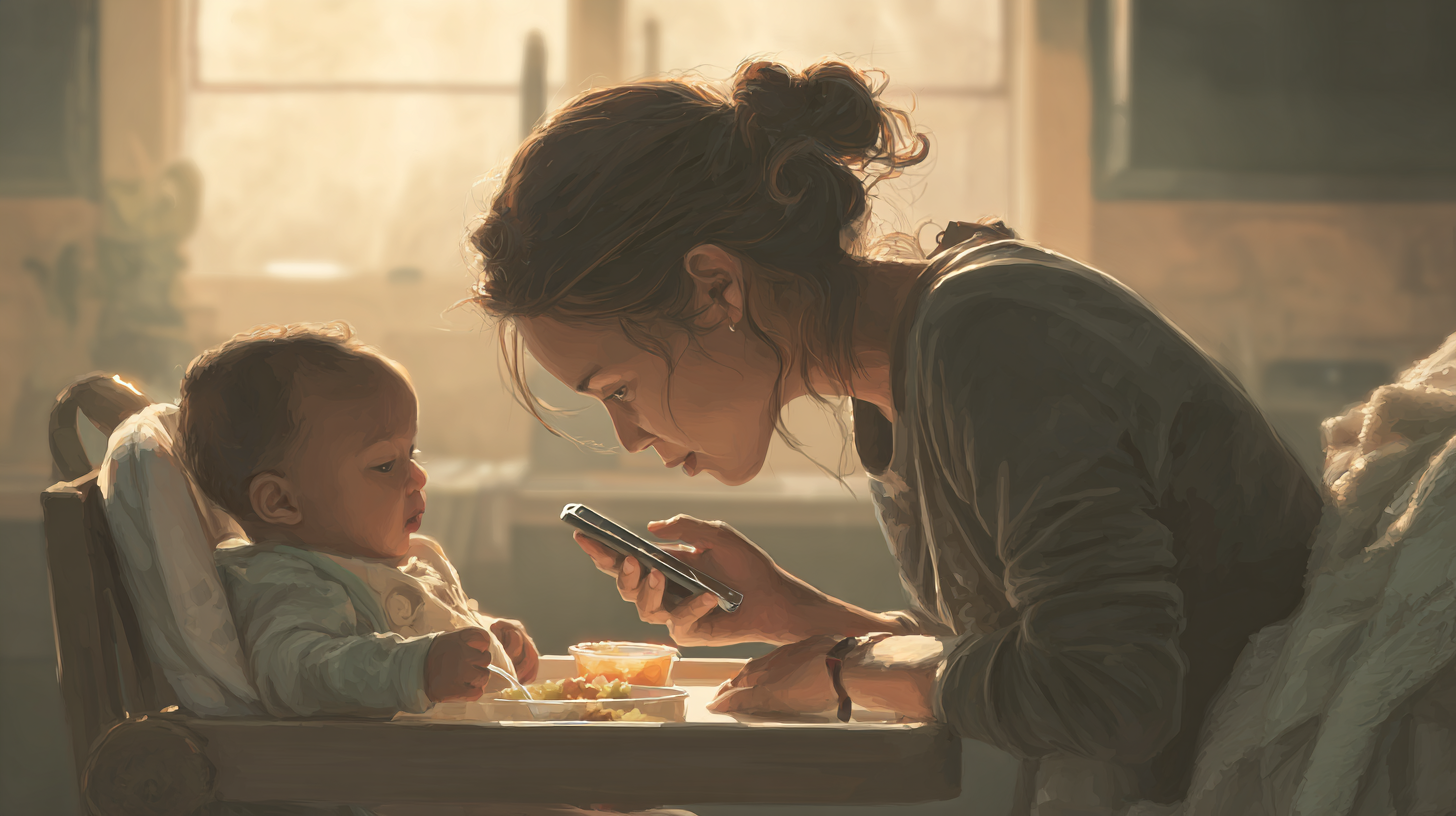 Parent using smartphone app to track baby feeding while maintaining eye contact and connection during mealtime
