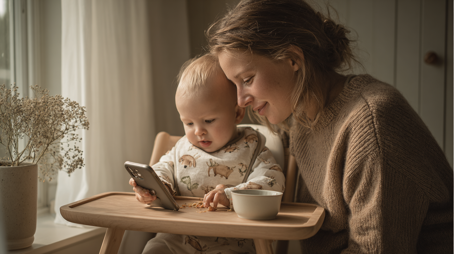 Balance between technology and human connection during baby feeding time with parent focused on baby's cues while using phone minimally