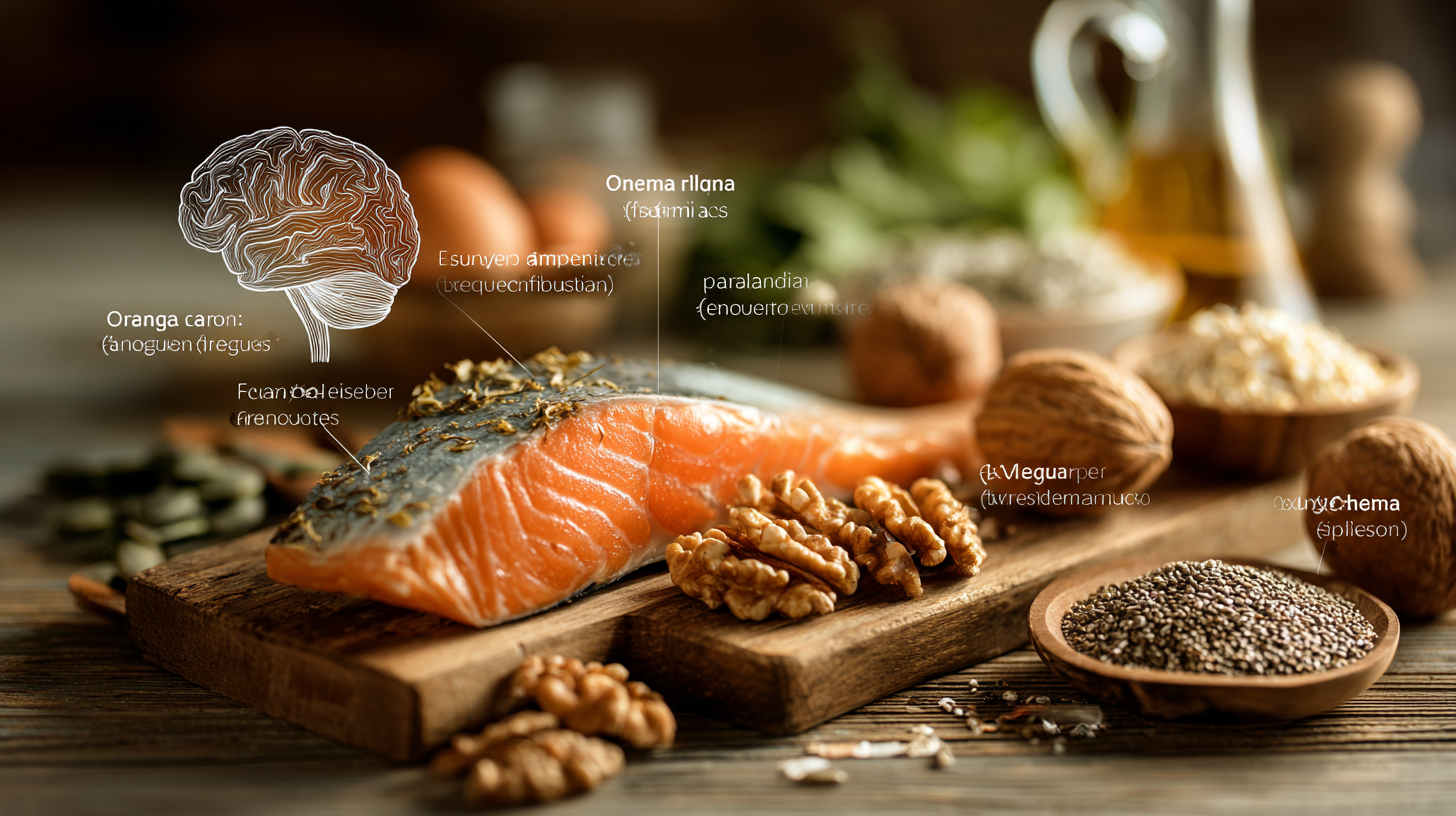 Omega-3 rich foods including salmon, walnuts, chia seeds, and flaxseeds arranged on a wooden table